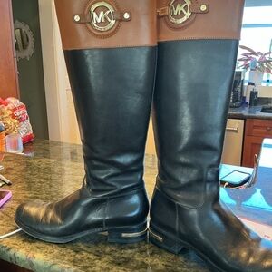 Michael Kors Women,s  Black and Tan Logo Riding Boots